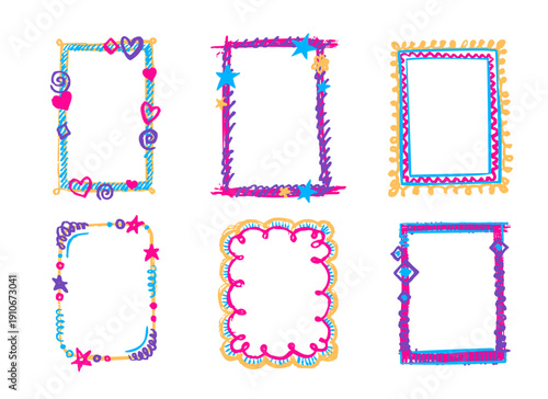 Childish doodle crayon frames set isolated on white background. Vector realistic illustration of hand drawn rectangular borders decorated with pastel hearts, star, abstract scribbles, school art