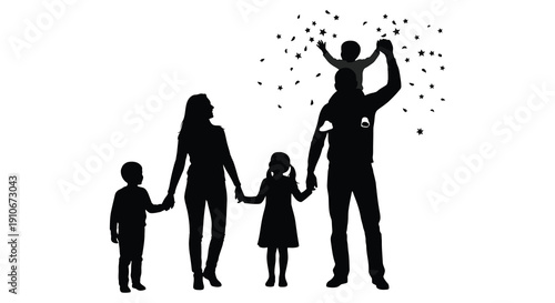 A family of four including parents and two children are depicted joyfully with falling confetti a silhouette high quality professional