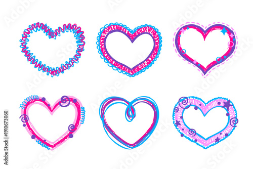 Doodle crayon heart shape frames set isolated on white background. Vector realistic illustration of hand drawn childish design borders decorated with pastel stars and abstract scribbles, love art