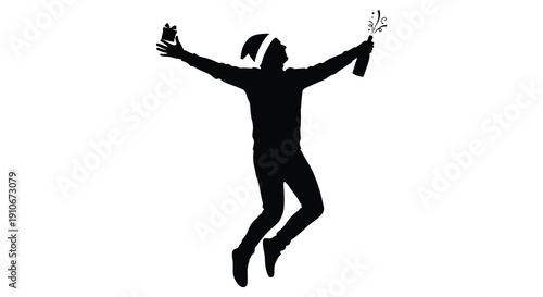 A jubilant figure with arms raised holding bottles aloft in a celebratory gesture depicted as a silhouette high quality professional detailed