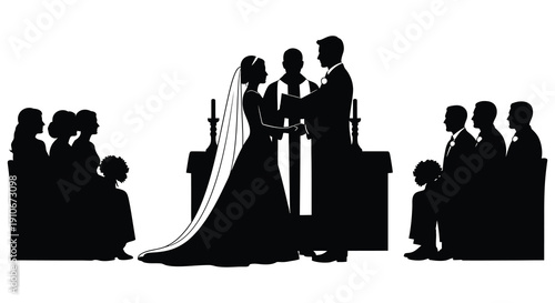 A romantic wedding ceremony is depicted with a bride and groom exchanging vows surrounded by guests a striking silhouette