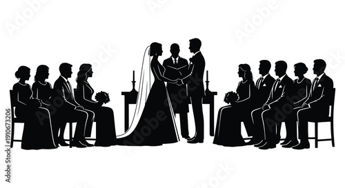 A black silhouette depicts a wedding ceremony with a bride groom officiant and seated guests a romantic scene silhouette high quality
