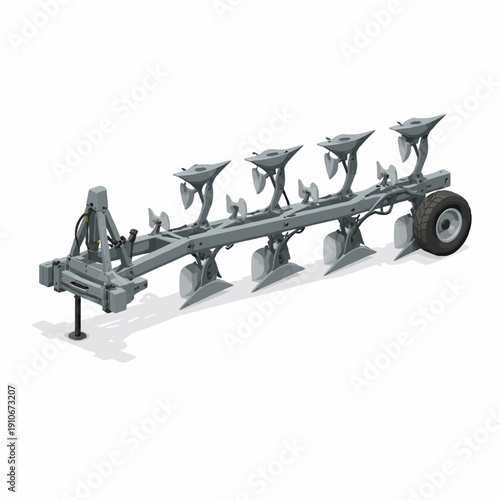 Detailed vector illustration of a modern multi-furrow reversible plow, essential agricultural machinery for efficient soil cultivation and farm land preparation on a white background