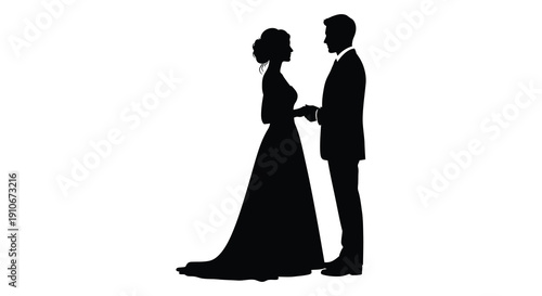 A striking black silhouette depicts a formally dressed couple likely a bride and groom holding hands in profile silhouette high quality