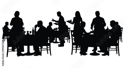 A dark silhouette depicts a group of people seated around a dining table enjoying a meal together silhouette high quality professional