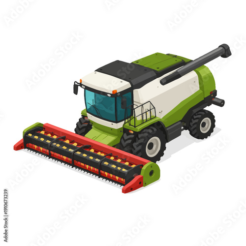 Isometric illustration of a modern combine harvester, a powerful agricultural machine designed for efficient crop harvesting and farming operations in rural landscapes