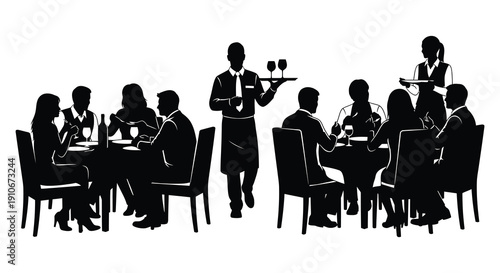 A sophisticated restaurant scene depicts diners and waitstaff in a stylish dramatic black silhouette high quality professional detailed modern elegant stylish