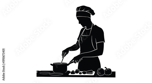 A black silhouette depicts a chef stirring ingredients in a pot on a stove cooking food silhouette high quality professional detailed