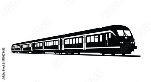 A sleek modern high speed train travels along railway tracks in a striking black silhouette high quality professional detailed elegant stylish clean
