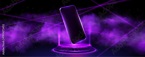 Smartphone mockup on 3D round podium with purple laser effect, realistic vector illustration. Glowing tech pedestal, smoke clouds and digital light effects for mobile phone app presentation.
