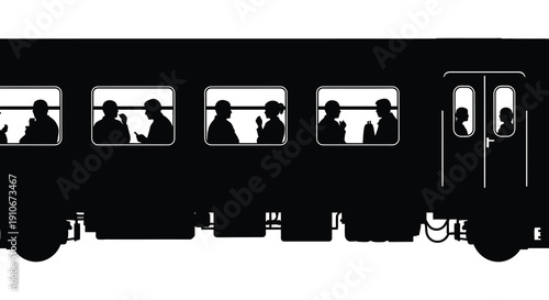 A stark black train car displays shadowed figures in each window creating a dramatic silhouette high quality professional detailed modern elegant