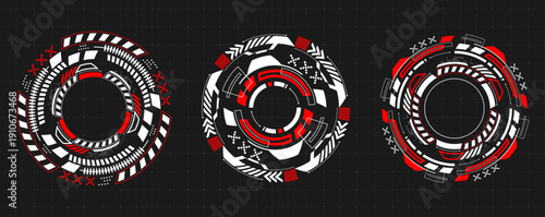 Futuristic round hud interface with circular tech elements and glowing target frames, isolated vector illustration. Abstract icons for cyber game design and sci-fi digital displays