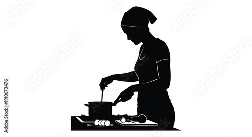 A striking black silhouette depicts a female chef preparing food at a kitchen counter highlighting culinary artistry silhouette high quality professional detailed