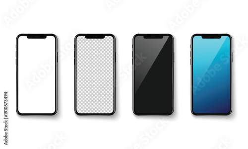 Four smartphone screens with different protective glass layers