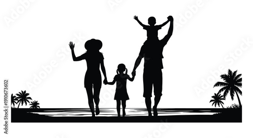 A family of three enjoys a beach outing at sunset depicted in a striking black silhouette high quality professional detailed modern