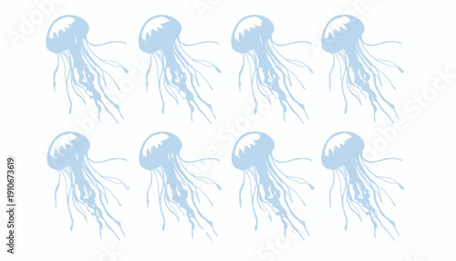 Eight blue jellyfish illustrations on a white background.