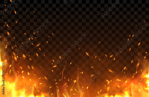 Fire with flying sparks, light of burning flame realistic vector illustration on transparent background. Dramatic fiery effect with glowing orange particles and smoke, dynamic overlay design element