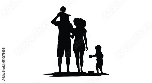 A black silhouette depicts a family of four father mother child on shoulders and toddler against a white background silhouette high quality professional