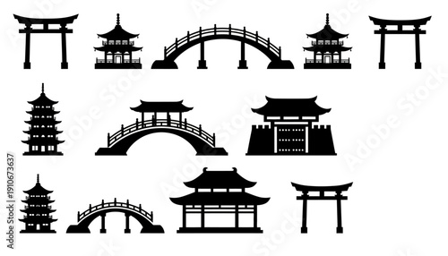 Collection of traditional Japanese architectural elements silhouettes.