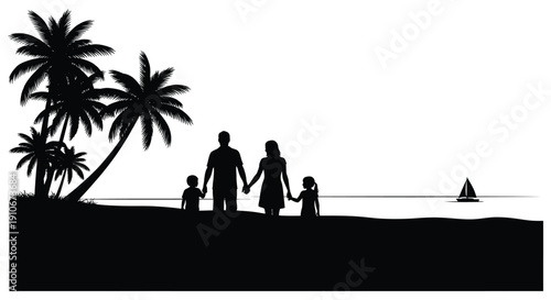 A family of four enjoys a serene beach sunset framed by palm trees presented as a striking silhouette high quality professional