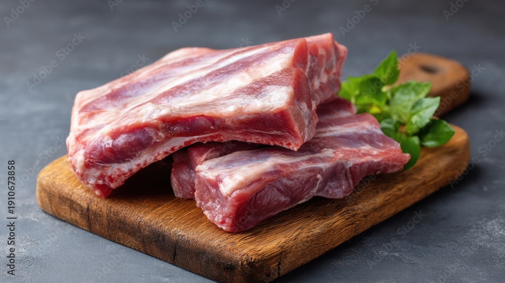 Obraz premium Fresh Raw Pork Ribs on Wooden Cutting Board with Green Herb Decoration in Modern Kitchen Setting
