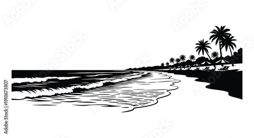 A tranquil coastal scene depicts palm trees lining a beach with gentle waves presented as a striking silhouette high quality professional