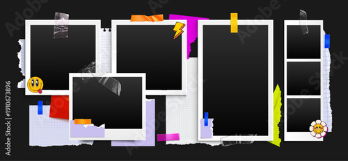 Vintage photo collage with white paper frames, transparent adhesive tape and color Y2K smiling stickers. Realistic vector illustration of nostalgic scrapbook aesthetic, torn page edges, retro camera