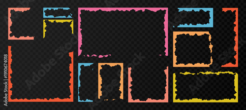 Torn paper color frames with jagged edges, vector illustration set isolated on transparent background. Vintage collage elements, poster borders with rough grunge paper texture.