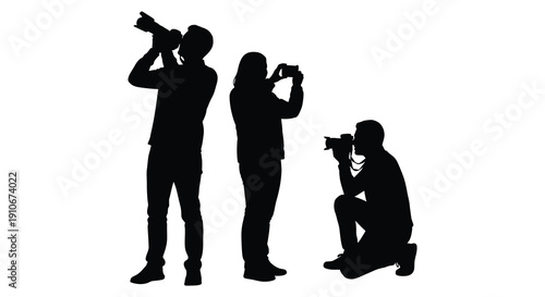 Three individuals are depicted in black appearing as photographers capturing moments with their cameras a silhouette high quality professional detailed