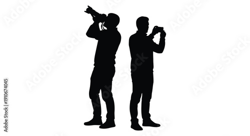 Two men are shown in profile one raising a trumpet while the other appears to be observing a stark silhouette