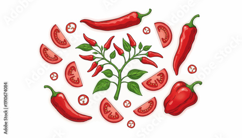 Vibrant red chili peppers and tomatoes arranged in a circular pattern.