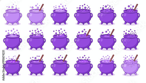 Collection of purple cauldrons with wooden spoons and magical potion.