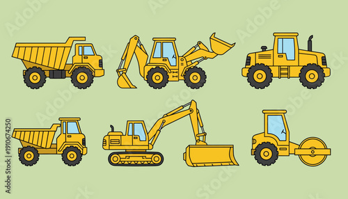 Set of yellow construction vehicles on a green background.