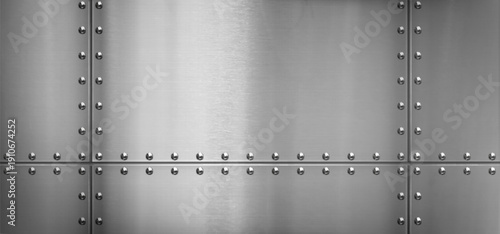 Steel metal border, background with rivets and iron texture, vector illustration. Polished silver sheet, aluminum surface panel with bolts, realistic scratches and metallic sheen, airplane wall design