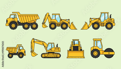 Collection of yellow construction vehicles and heavy machinery.