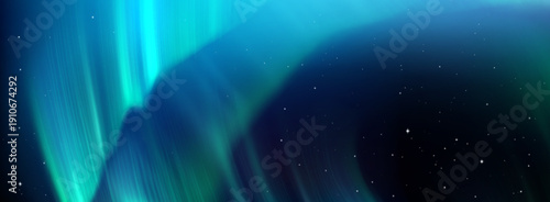Aurora borealis lights in northern starry sky with vibrant green blue gradient realistic vector background. Magical polar night atmosphere, abstract winter arctic bg with neon light