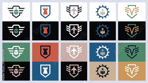 Tactical Minimalist Military Shield Badge Collection with Aircraft Symbol, Skull, Fortress, and Wings Vector Illustration Template