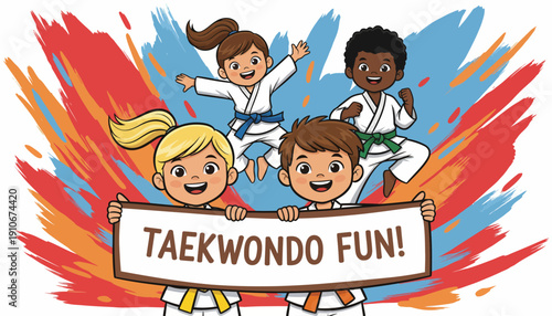 Children practicing taekwondo with enthusiasm and joy.