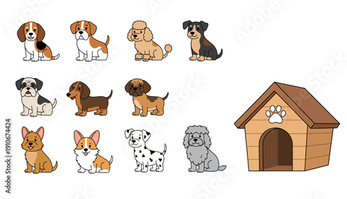 Collection of cartoon dogs and a doghouse in various breeds and poses.