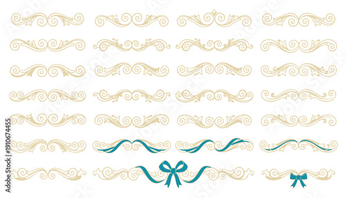 Collection of decorative swirls and bows in gold and teal.