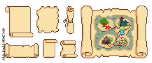 Pixel art game scrolls, vintage parchment texture frames and decorative borders, cartoon vector isolated on white. Treasure maps templates, medieval banners, or retro video game UI design elements