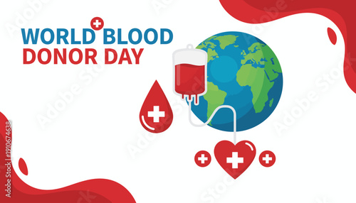 World Blood Donor Day illustration with globe and red hearts.