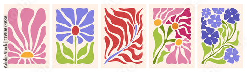 Abstract doodle floral pattern with Matisse style flowers and leaves. Retro vector design for trendy posters with cut out plants, botanical prints with groovy vintage style.