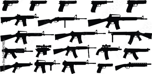 Black firearm silhouettes collection of handguns and rifles vector illustration set with military weapons, assault rifles, pistols, carbines, scopes