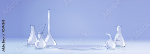 Laboratory glassware set and round podium realistic vector background. Lab bottles and measuring flasks near display platform, scientific research presentation and chemical experiments show