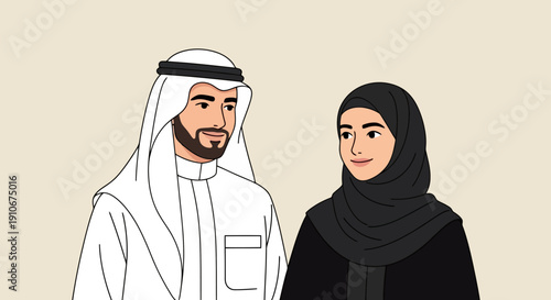 Middle Eastern couple dressed in traditional clothing smiling.