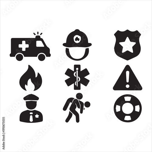 Emergency services icon set. First responder symbols for police, fire, and medical rescue. Vector glyph collection of ambulance, firefighter, cop, and safety signs. Solid silhouette.