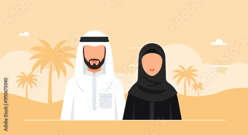 Middle Eastern couple dressed in traditional clothing standing together.