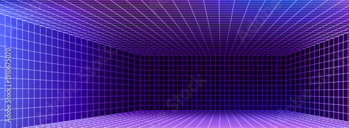 3D wireframe grid room with perspective lines, immersive digital space for VR metaverse games. Vector background of futuristic cyber environments with neon purple grid accents.