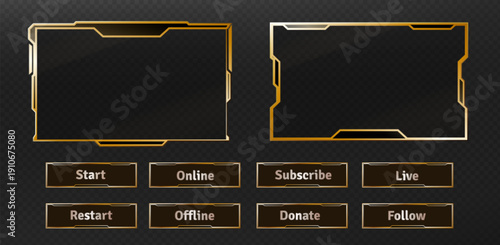 Tech game HUD frames and interface buttons set isolated on transparent background. Vector realistic illustration of futuristic rectangle metallic boxes and borders, live stream app design elements